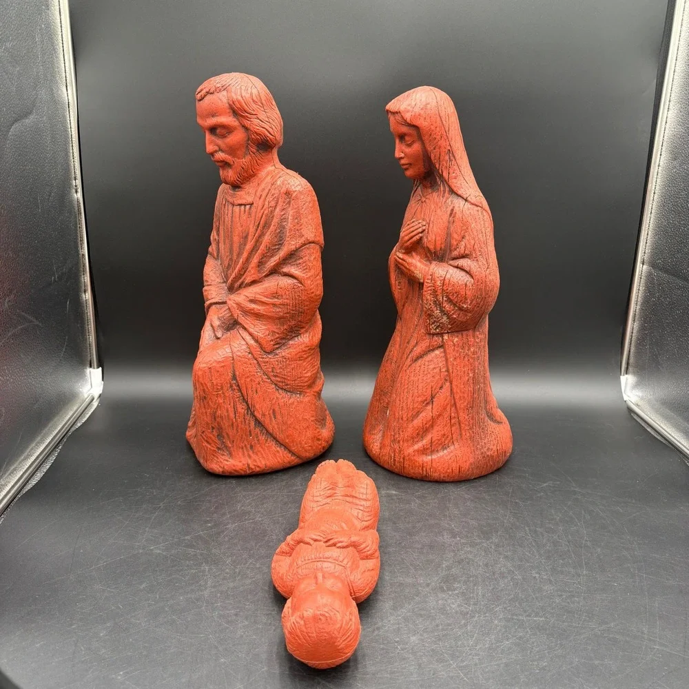Empire Nativity Set Blow Mold Red 3pc Vtg Terracotta Faux Wood Grain Christmas